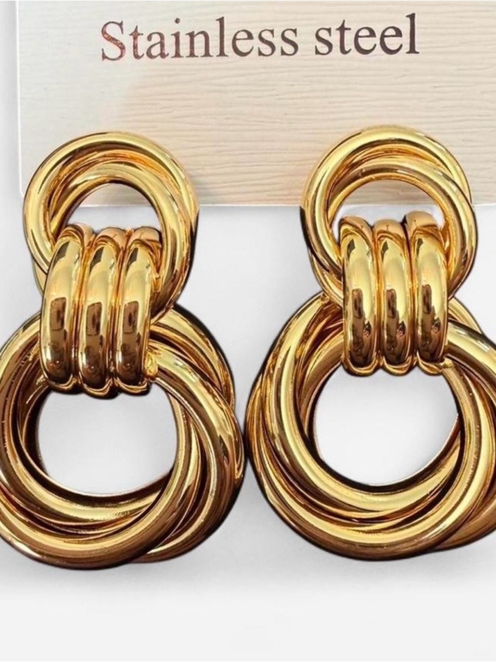 Gold Stainless Steel Interlocked Hoop Drop Earrings - Gold